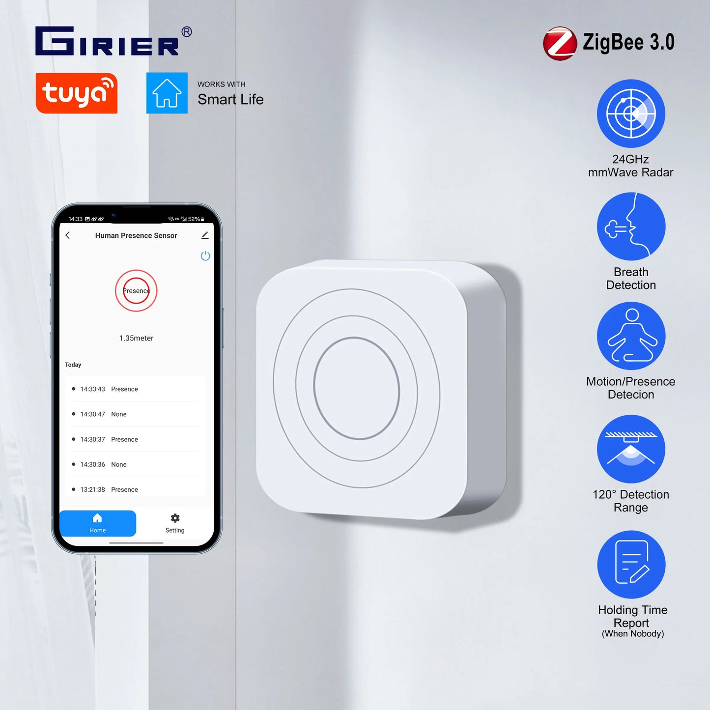 GIRIER Tuya ZigBee Human Presence Sensor